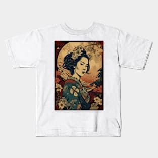 Vintage Rose Blossoms Japanese Woodblock Maple Streetwear Hipster Asian Inspired Retro Manga Samurai Buttercup Kids T-Shirt
